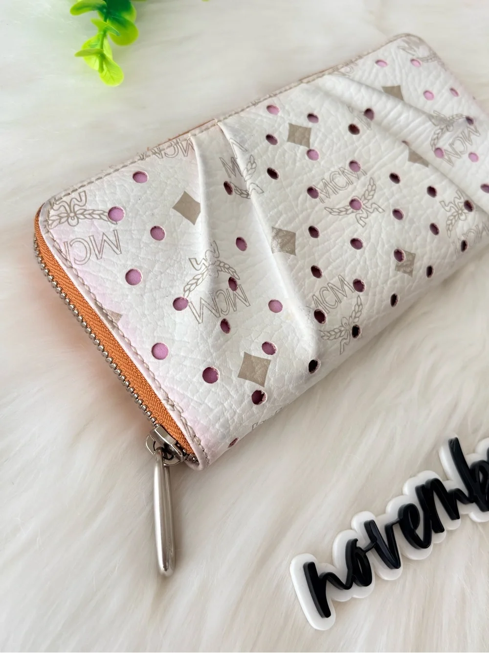 MCM Monogram White Perforated Zip Wallet with Purple Liner. LIMITED EDITION!